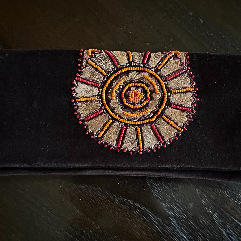 Tory Burch chocolate brown velvet clutch with beaded applique